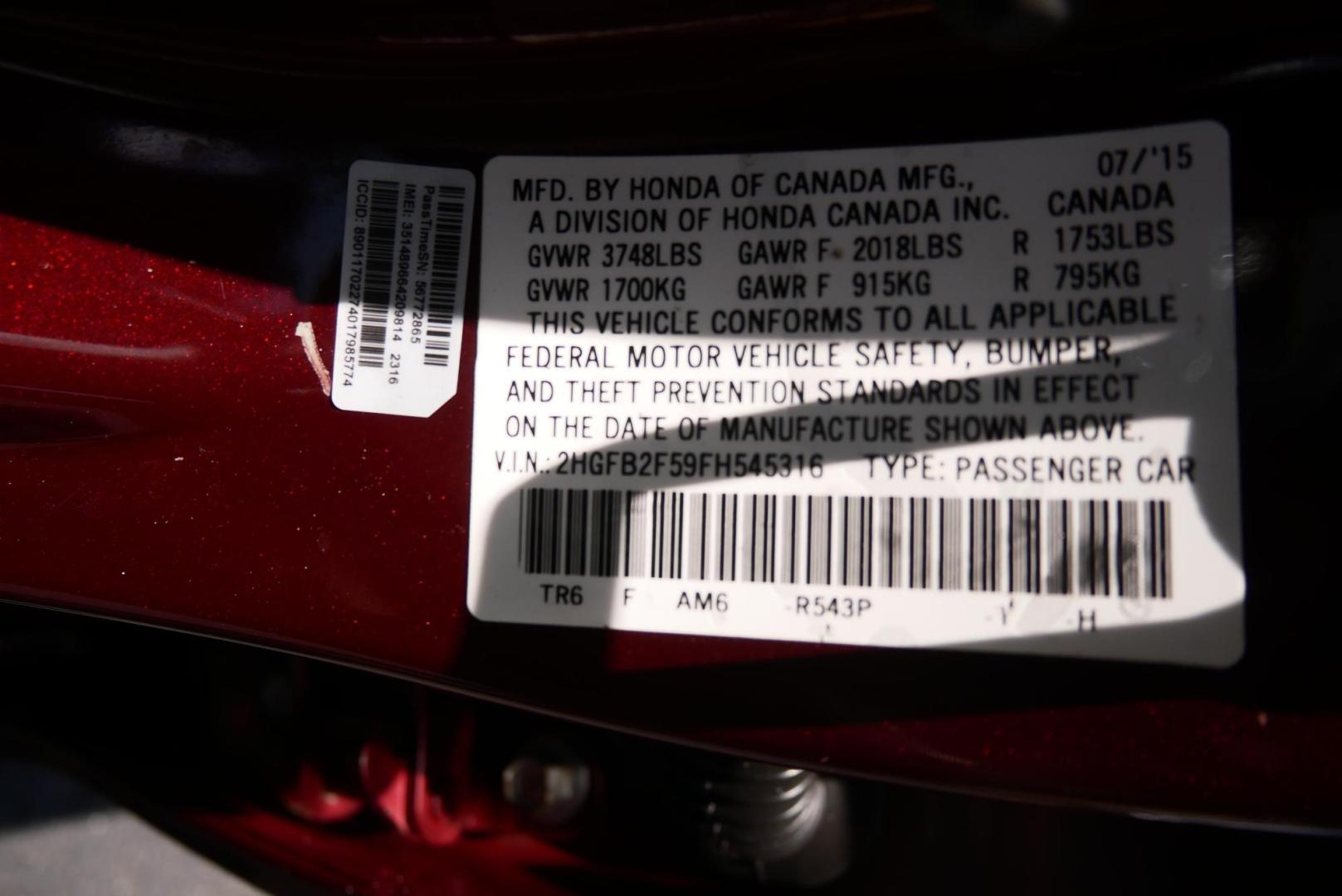 2015 MAROON Honda Civic LX Sedan CVT (2HGFB2F59FH) with an 1.8L L4 SOHC 16V engine, Continuously Variable Transmission transmission, located at 8640 E R L Thornton Fwy, Dallas, TX, 75228, (469) 297-4144, 32.794128, -96.693008 - Photo#21