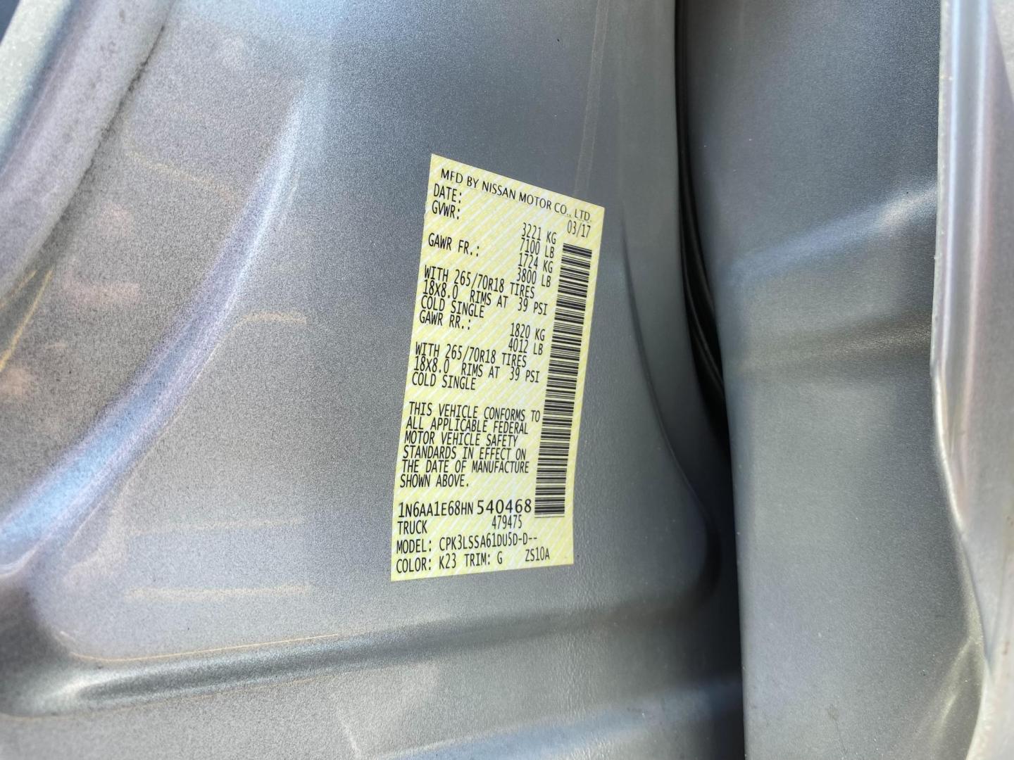2017 SILVER Nissan Titan S Crew Cab 2WD (1N6AA1E68HN) with an 5.6L V8 DOHC 32V engine, 6A transmission, located at 8640 E R L Thornton Fwy, Dallas, TX, 75228, (469) 297-4144, 32.794128, -96.693008 - Photo#30